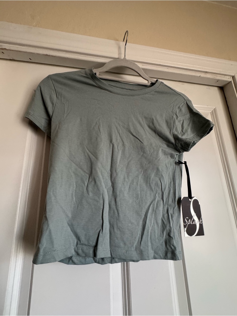 New Splash Medium Sage Seafoam Green Cotton Cropped Crew Neck Baby Tee Shirt